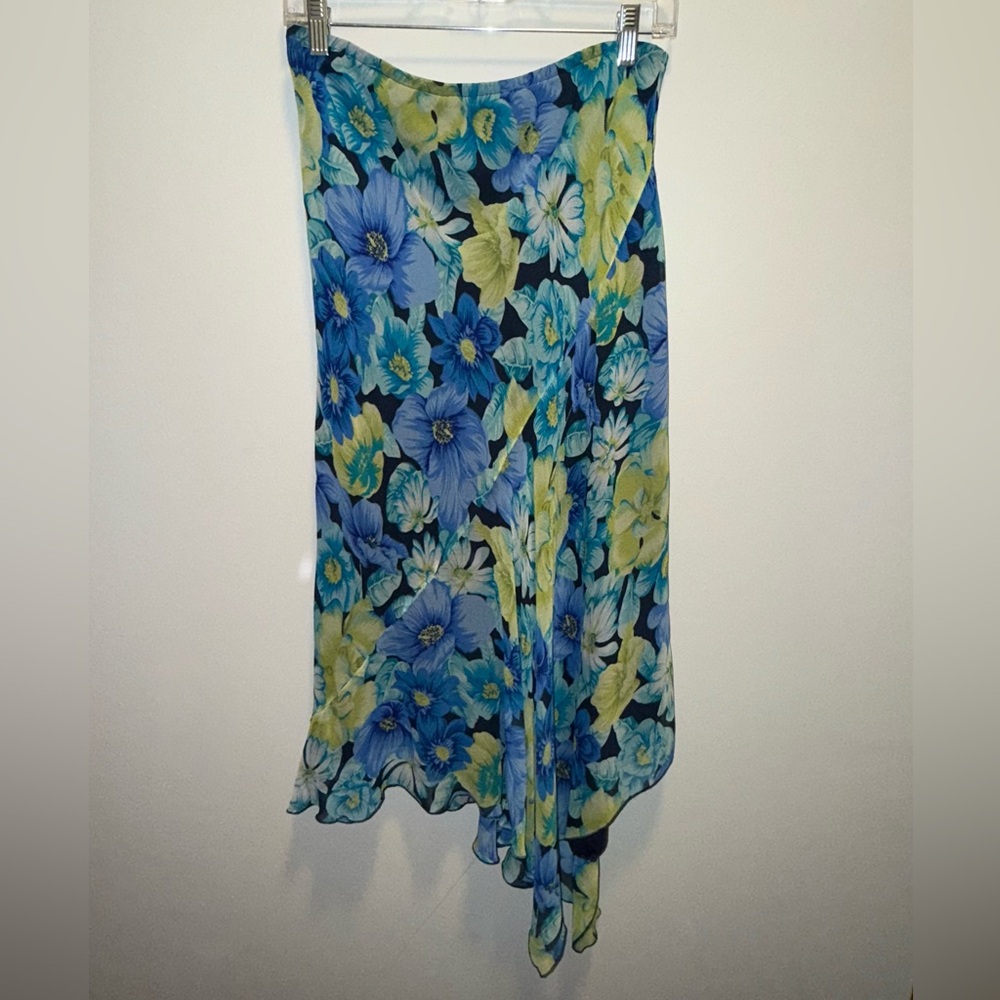 Robbie Bee Asymmetrical 100% Silk Floral Skirt in Blue and Green